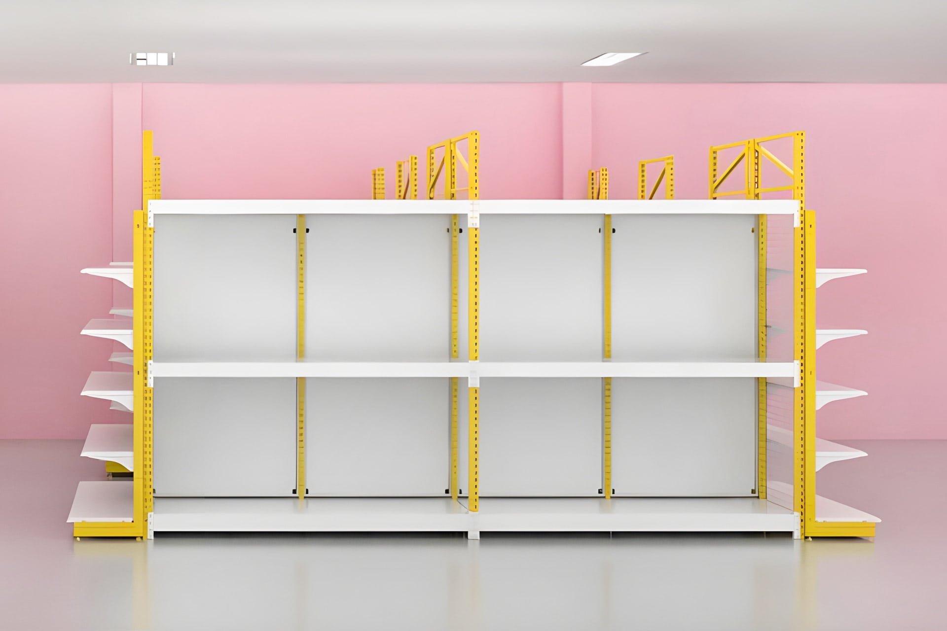 ออกแบบแร็คครอบชั้นวางสินค้า 3D สีเหลือง ร้านมาลีค้าวัสดุ